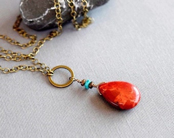 Teardrop Red Coral Necklace, Bohemian Coral, Turquoise & Hematite, Chunky Coral Pendant, Antique Brass Chain, MsBsDesigns, Gift for Her