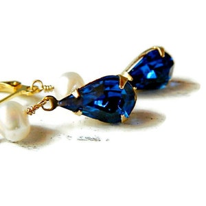 Capri Blue & Freshwater Pearl Earrings Gold, Long Earrings Pearl, Indigo Navy Bridal Wedding Jewelry image 5