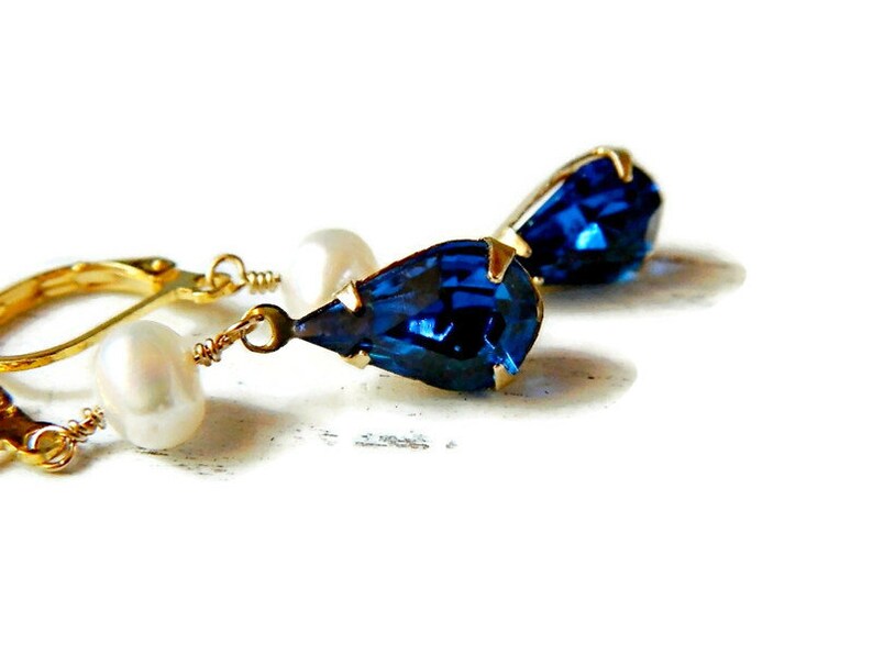 Capri Blue & Freshwater Pearl Earrings Gold, Long Earrings Pearl, Indigo Navy Bridal Wedding Jewelry image 5