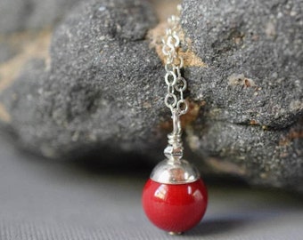 Single Drop Red Coral Necklace on Sterling Silver Chain - Minimalist Gift for Her