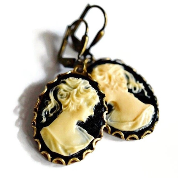 Victorian Black Cameo Earrings, Antique Gold Drops, Goth Cameo Dangle Earrings, Steampunk Cameo Jewelry