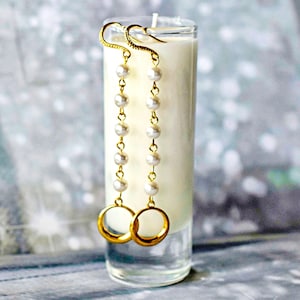 Long String Pearl Earrings, Circle Hoop Gold Earrings, Pearl Long Earrings, Pearl Drop Earrings, Pearl Bridal Earrings, Wedding Jewelry