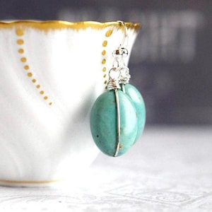 Bohemian Turquoise Earrings - Sterling Silver Wire Wrapped - Turquoise Stone Dangle Earrings - Green Turquoise Drops - Gemstone Jewelry