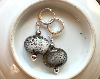 Black Speckled Cermic Dangle Earrings, Silver Drop Huggie Hoops, Handmade Jewelry