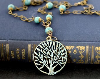 Family Tree Necklace: Turquoise Beaded Weeping Willow Tree Charm Pendant