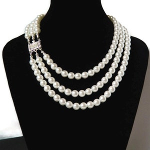 Triple Strand Czech Glass Pearl Necklace White or Victorian Ivory Pearl 3 Strand Bridal Necklace Wedding Jewelry Mother of Bride Gift