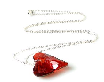 Red Crystal Heart Necklace, Sterling Silver Chain, Gift For Her
