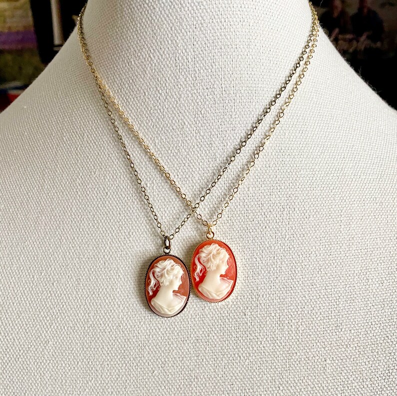 Carnelian Woman Cameo Pendant Necklace Antique Gold Brass Chain Birthday Gifts For Her image 3