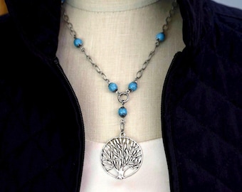 Turquoise Beaded Tree Necklace: Weeping Willow Tree Charm Silver Pendant