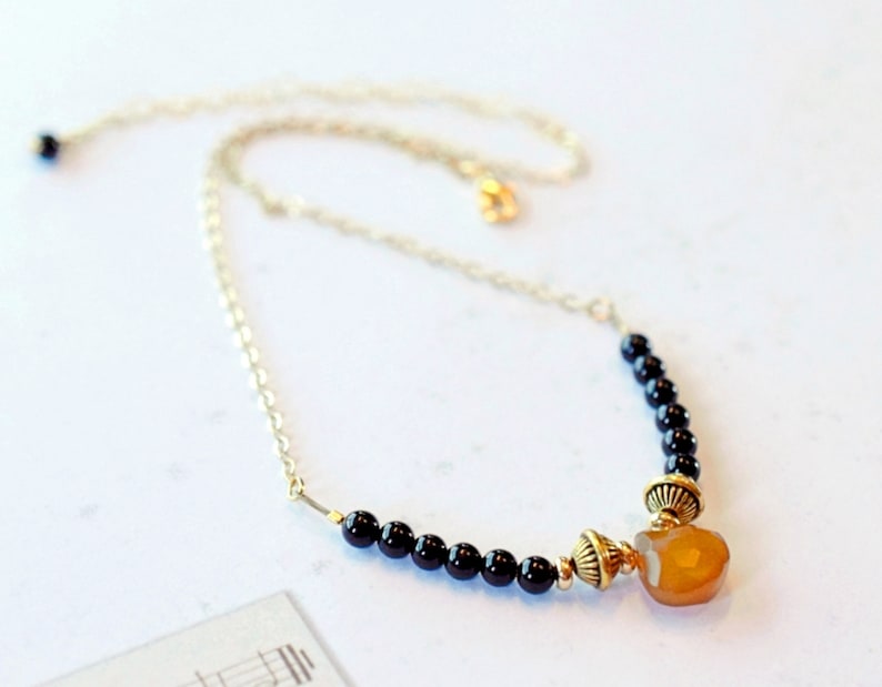 Black Onyx Bar Necklace /& Amber Chalcedony Teardrop on Gold Chain Minimal Choker Mothers Day Gift Everyday Necklace