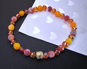 Fire Red Orange Agate Stretch Bracelet, Colorful Stone Bracelet, Beaded Bracelet Gemstone Jewelry Gifts For Her