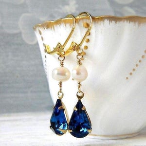 Pearl & Capri Blue Crystal Earrings, Gold Bridal Dangles