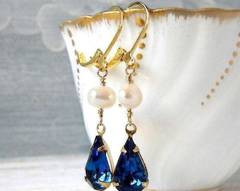 Pearl & Capri Blue Crystal Earrings, Gold Bridal Dangles