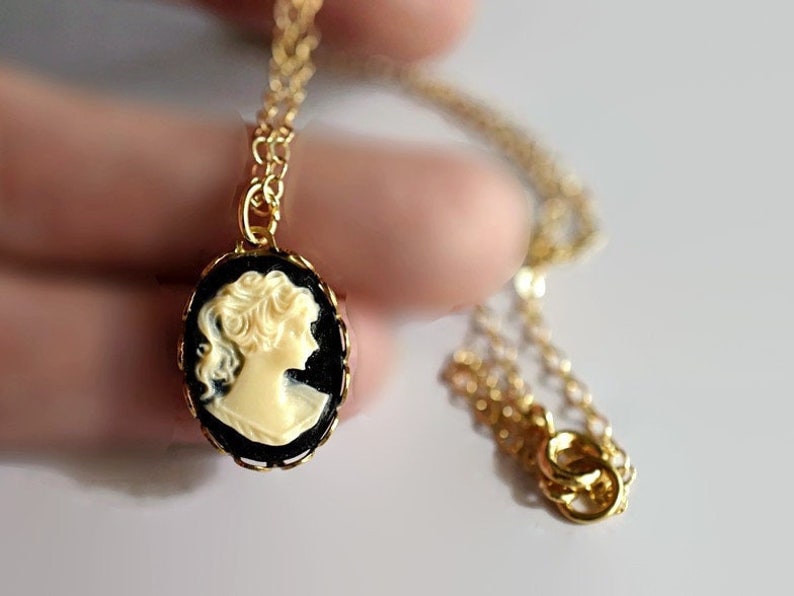 Dainty Lady Cameo Necklace Vintage Woman Cameo Necklace Victorian Girl Cameo Pendant Gold Chain Right Facing Cameo