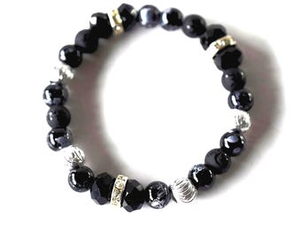 Beaded Crystal Black Stretch Bracelet, Silver Pave Rhinestones