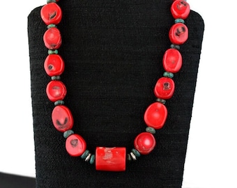 Big Red Coral Necklace, with Turquoise & Coral Nuggets, Chunky Stone Necklace, Gemstone Statement Necklace, Large Bead Necklace for Women