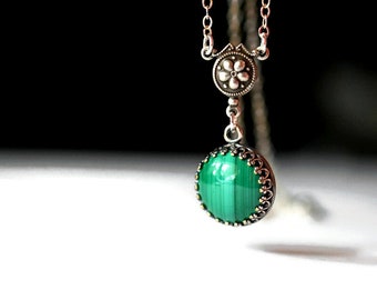 Round Flat Cabochon Malachite Necklace: Green Gemstone Pendant on Silver Chain