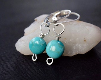 Green Drop Earrings, Kingman Turquoise Sterling Silver Wire Wrapped, Dainty Minimalist Coin Dangles