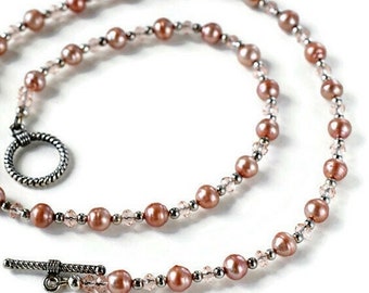 Pearl Necklace with Pink Freshwater Pearls and Crystals, Silver Anniversary Gift