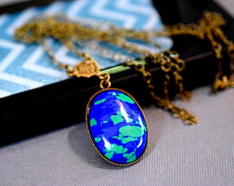 Blue Turquoise Azurite Pendant Necklace, Oval Stone Cabochon set in Bezel on  Antique Gold Hypoallergenic Chain, Long Pendant for Women