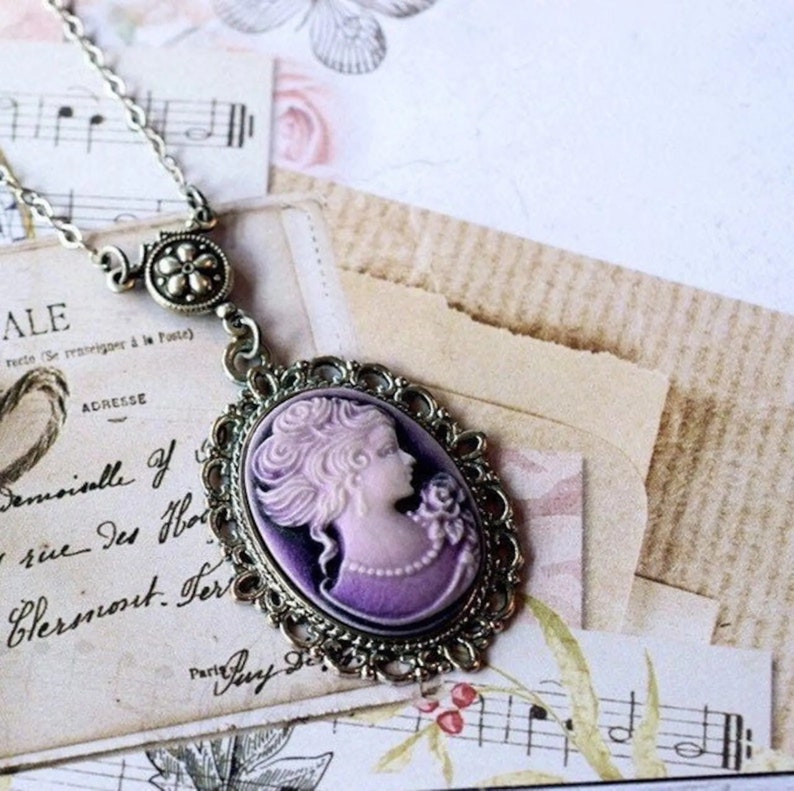 Cameo Necklace Peach Violet Purple Black Downton Abbey Jewelry 4 Purple AntSilver