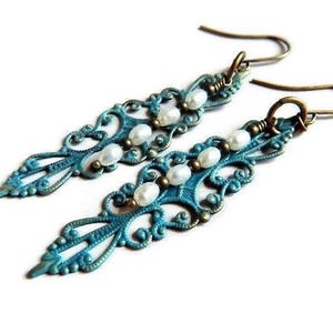 Patina Blue Teal Filigree Pearl Earrings: Boho Dangle Bridal Jewelry image 2
