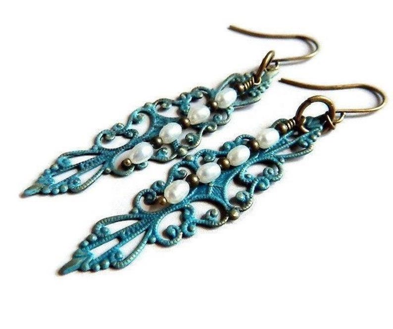 Patina Blue Teal Filigree Pearl Earrings: Boho Dangle Bridal Jewelry image 2