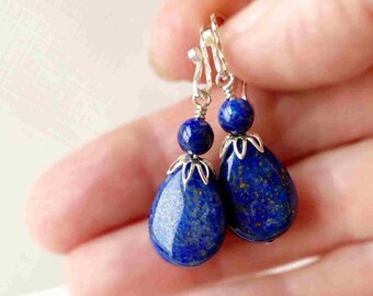 Lapis Lazuli Earrings, Sterling Silver Stars, Gemstone Teardrops, Denim Blue Lapis Stone Drop Earrings, Navy Blue Earrings, Lapis Jewelry