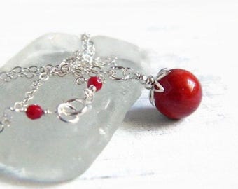 Red Coral Ball Pendant Necklace, Sterling Silver Chain, Round Gemstone Jewelry