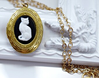 Cat Cameo Locket Pendant Necklace on Hypoallergenic Gold Chain Birthday Gift