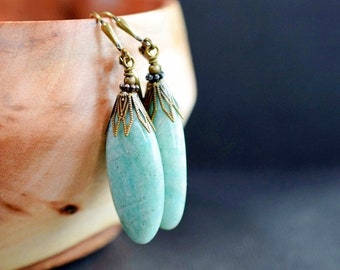 Long Amazonite Earrings, Mint Green Teardrop Gemstone Jewelry, Gifts for Her