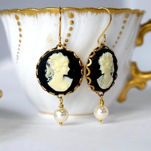 Cameo Pearl Earrings Round Black Cameo Earrings Gold Cameo Earrings with Pearls Dropping from the Bottom Vintage Style Jewelry Birthday Gift