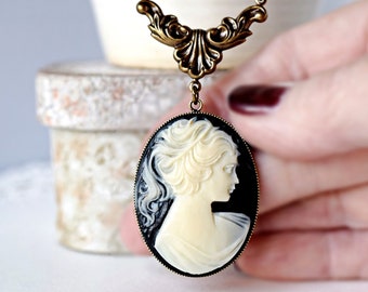 Vintage Black Gold Cameo Necklace on Long Antique Gold Brass Chain, Neo Victorian, Gift for Her, Cameo Jewelry