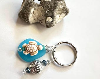 Aqua Sea Glass, Silver Bubble Fish & White Turquoise Turtle Keychain, Bag Charm, Zipper Pull