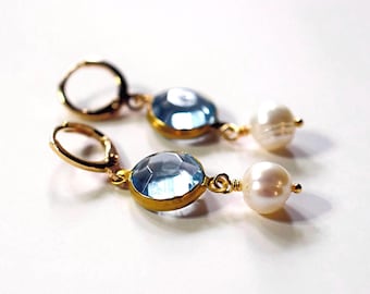 Vintage Lucite Earrings, Aqua Blue & Freshwater Pearl Dangles Handmade Jewelry Gift