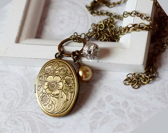 Flower Antique Gold Locket Necklace, Oval Locket, Art Nouveau Rhinestone Pearl, Mother’s Photo Locket
