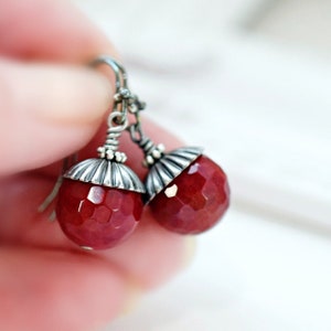 Berry Red Carnelian Earrings, Red Gemstone Earrings Oxidized Silver Gunmetal Drop Earrings, Red Earrings, Birthday Gift for Her