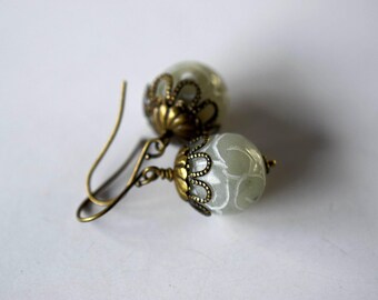 Craved Jade Ball Stone Earrings Green Dangles Antique Gold Brass Drops
