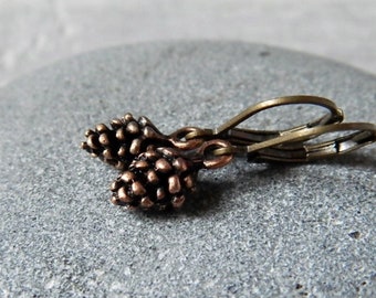 Tiny Pinecone Drops Earrings - Rustic Boho Copper Dangles - Charm Earrings, Minimalist Jewelry