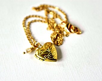 Tiny Gold Heart Locket Necklace & Freshwater Pearl