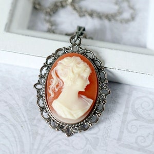May include: A silver chain necklace with a cameo pendant. The cameo is an oval shape with a white profile of a woman against a peach background.