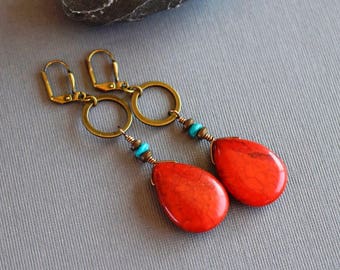 Red Coral Teardrop Earrings, Hematite, Turquoise & Magnesite Coral Earrings, Unique Bohemian Jewelry