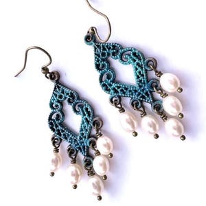 Whimsy Verdigris Patina Pearl Chandelier Earrings: Filigree Dangles image 3