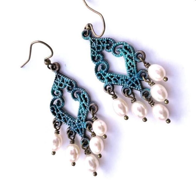 Whimsy Verdigris Patina Pearl Chandelier Earrings: Filigree Dangles image 3