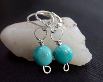 Green Drop Earrings, Kingman Turquoise Sterling Silver Wire Wrapped, Dainty Minimalist Coin Dangles