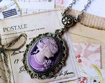 Silver Chain Necklace with Victorian Purple Cameo Pendant, Violet Cameo Necklace, Birthday Gift for Women, Cameo Jewelry