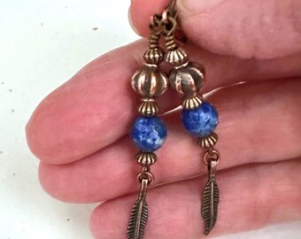 Bohemian Lapis Lazuli Stone Copper Feather Earrings, Gemstone Jewelry