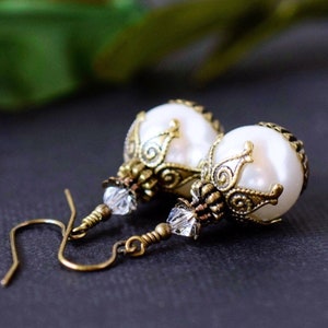 Shell Pearl Earrings, White Ball Pearl Drop Earrings, Vintage Style Antique Gold, Wedding Jewelry, Bridal Pearl Dangle Earrings image 2