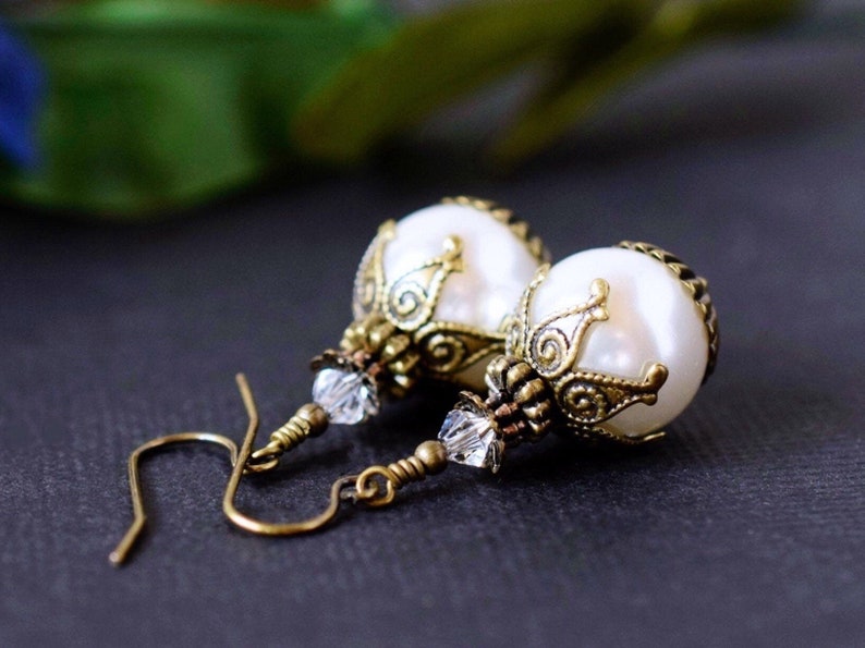 Shell Pearl Earrings, White Ball Pearl Drop Earrings, Vintage Style Antique Gold, Wedding Jewelry, Bridal Pearl Dangle Earrings image 2
