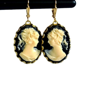 Cameo Earrings in Gold, Cameo Black Dangle Earrings, Black Cameo Drop Earrings, Gold Lever Backs, Victorian Gothic Cameo Jewelry